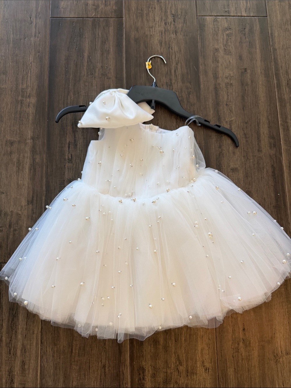 Classic White Tulle Pearl-Embellished Kids Costume Dress with Cap